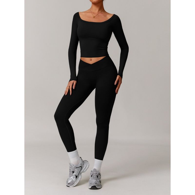 Fashion Nude Feel Brushed Yoga Clothes Suit Women's Big Neckline off-Shoulder Long Sleeves Tight Sports Fitness Pant Belt Chest Pad