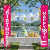 18th Birthday Door Banner 12x72 Inch Pink Gradient Backdrop with White Letters Balloon Cake Star Streamer and Graphics Happy Birthday Sign for Party
