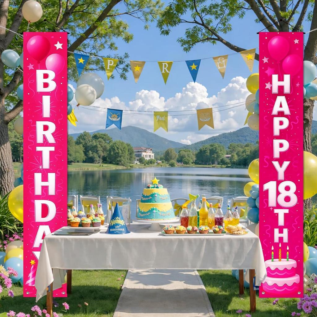 18th Birthday Door Banner 12x72 Inch Pink Gradient Backdrop with White Letters Balloon Cake Star Streamer and Graphics Happy Birthday Sign for Party