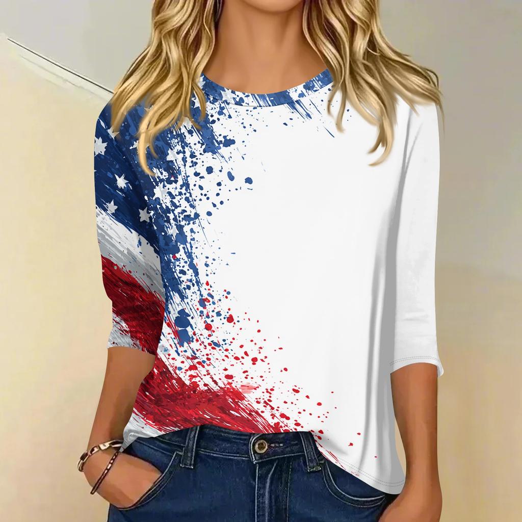 Women's fashionable casual round neck three-quarter sleeve Independence Day printed T-shirt top