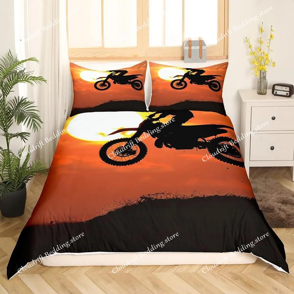 Dirt Bike Comforter Cover, Sports Biker Motocross Racing Theme Duvet Cover Set For Teen Boys Decorative Bedding Sets
