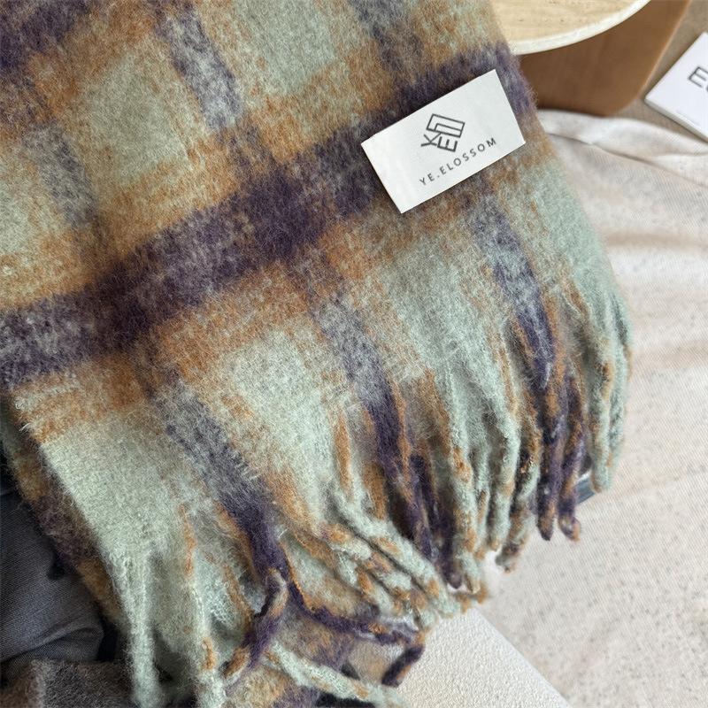 A Thick Long Korean Style Versatile and Warm Autumn and Winter Checkered Tassel Shawl with Mohair