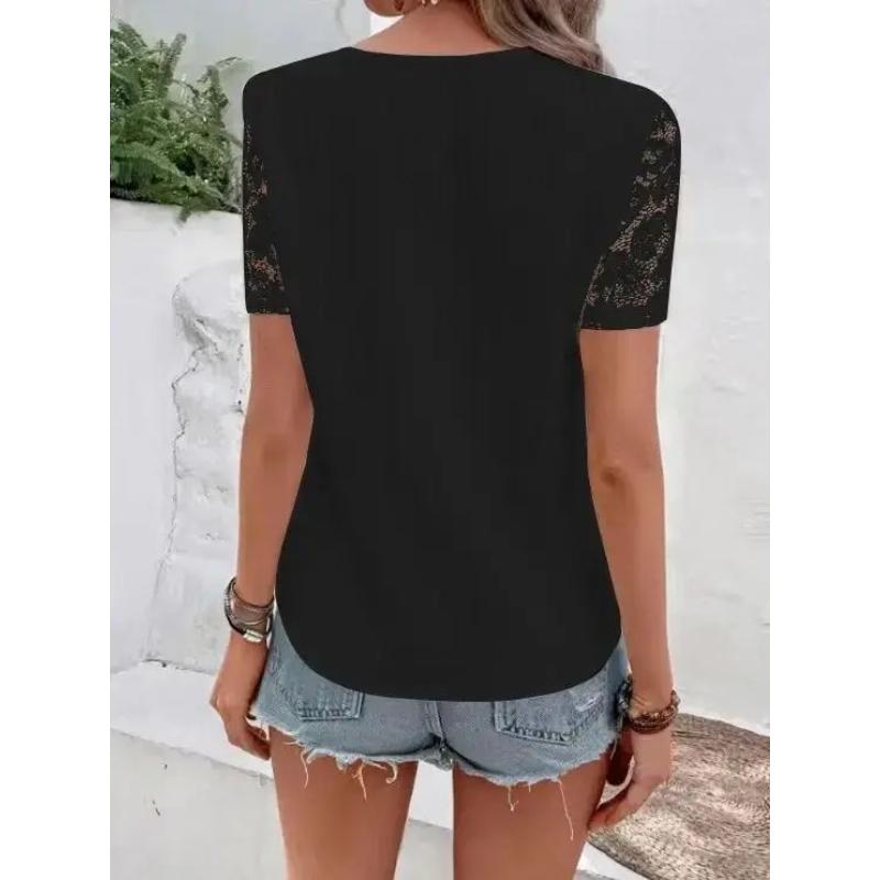 Spring and Summer European and American Women's Pure Color Lace Short-sleeved V Neck