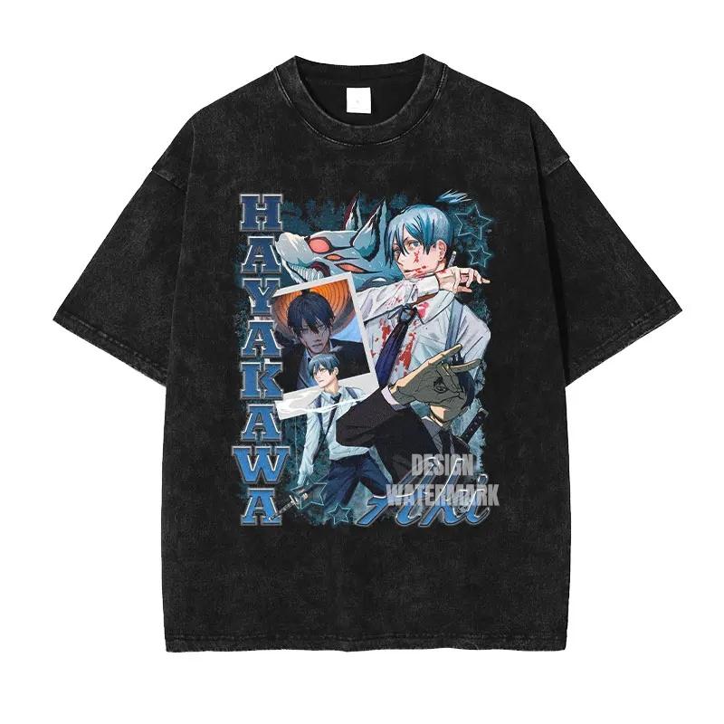 2026 Hot Sale Anime C-Chainsaw M-Man T Shirts Oversized Vintage Washed Denji T-shirt Manga Power T Shirt Pochita Makima Reze Tops Tees Short Sleeve