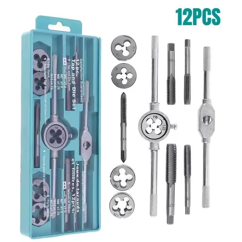 Set di Maschi e Filiere Manuali 12/20 Pezzi M3-M12 Conico Dritto Strumenti di Foratura Portatili per Compiti di Foratura su Acciaio Inossidabile