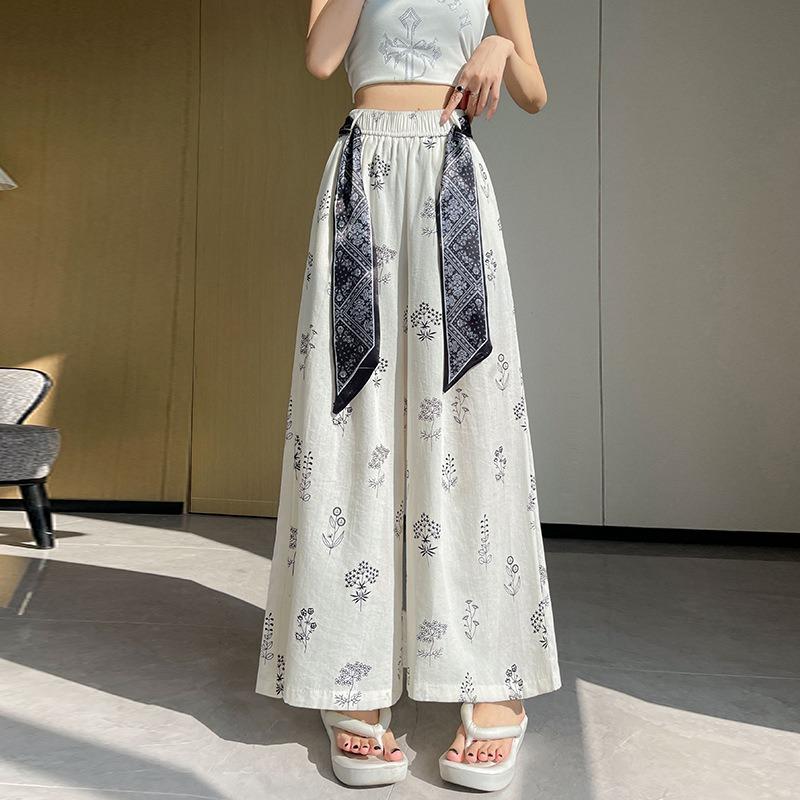 Women High Waist Floral Printed Loose Wide Leg Casual Cropped Pants
