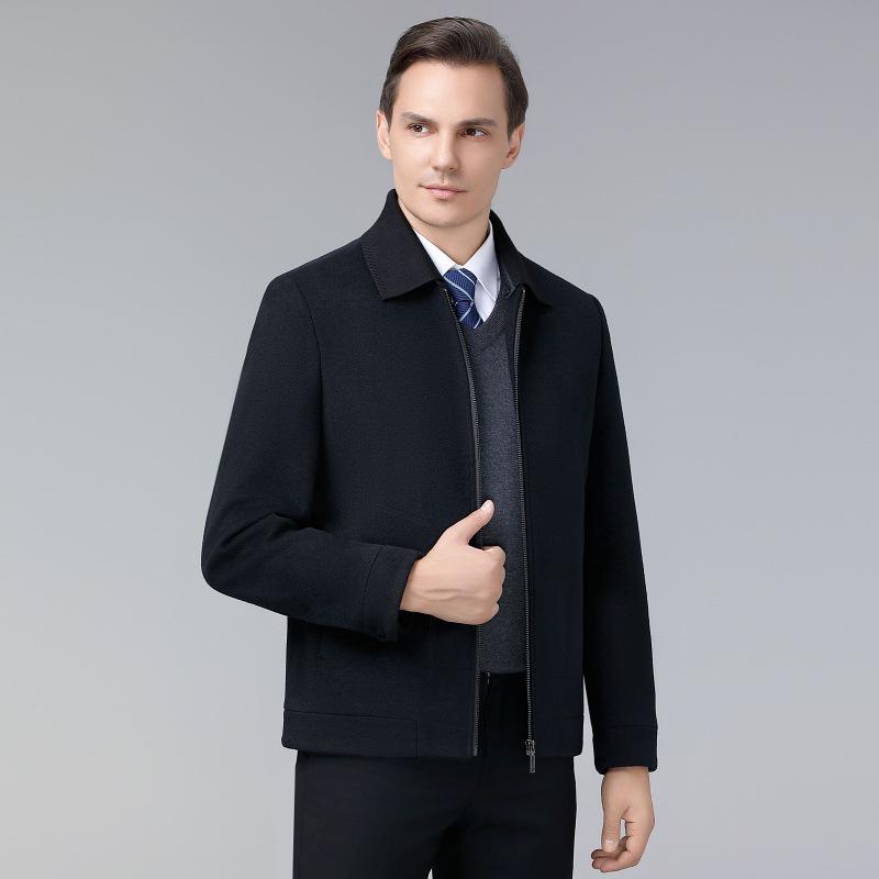 Brand Men's Woolen Baseball Collar Lapel Jacket for Middle-Aged and Elderly - Autumn/Winter Business Lambswool Overcoat