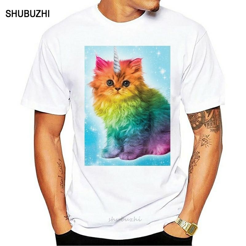 T Shirt Homme Chaton Chat Licorne Mignon Adorable Arc En Ciel Mode Mimi Swag Print Short Sleeve Tshirt