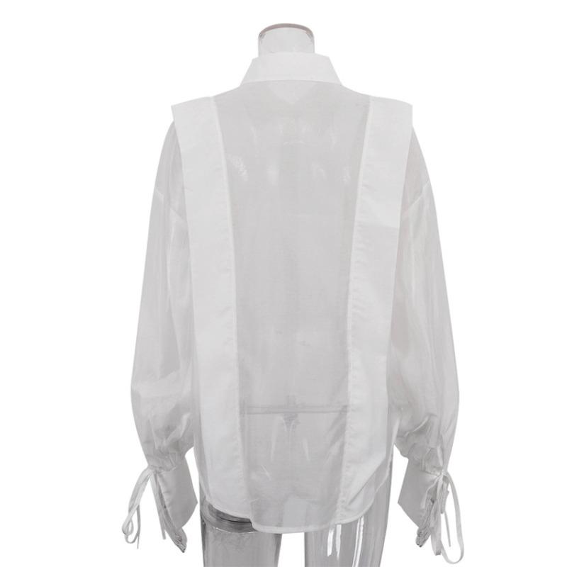 See Through Lapel Women Shirt Long Sleeve Single Breasted Lady Shirts 2026 Fashion Solid Color Lace Up Spring Summer Female Blouse