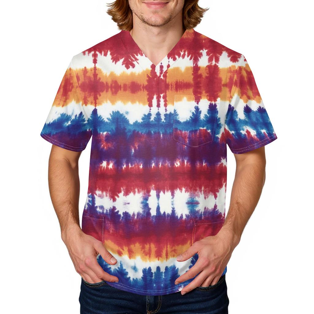Unisex V Neck Short Sleeve Printed Scrub Top with Pocket and Tie Dye Pattern for Uniform