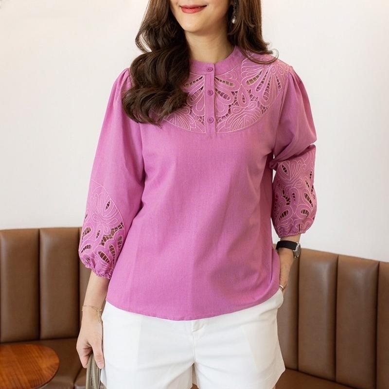ZANZEA Women Lace Patchwork Round Neck Loose Casual 3/4 Sleeve Blouse