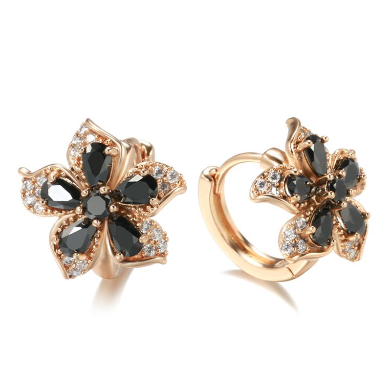 New  Rose Gold Women Earrings Glisten Natural Black Zircon Crystal Flower Earrings High Quality Daily Fine Jewelry