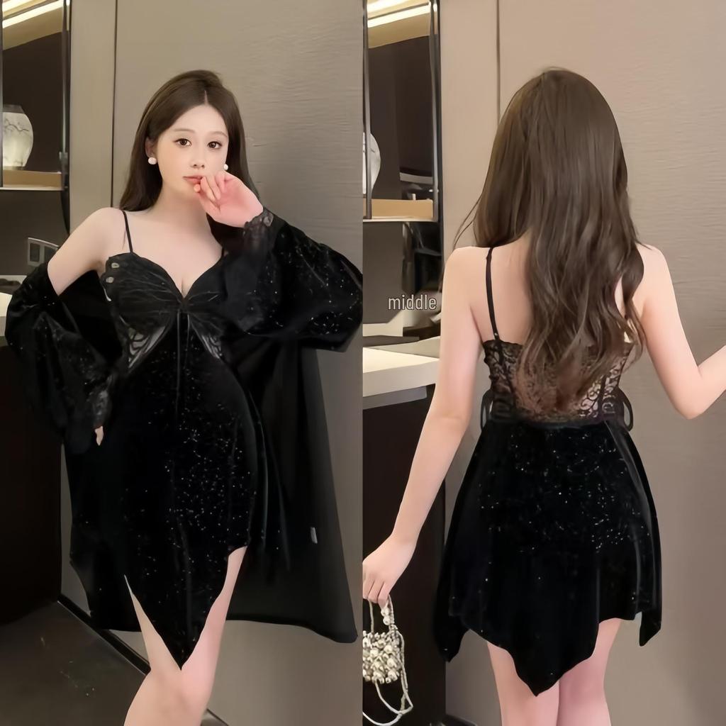 Starry Gold Velvet Women's Two-Piece Nightdress with Chest Pads and Butterfly Design