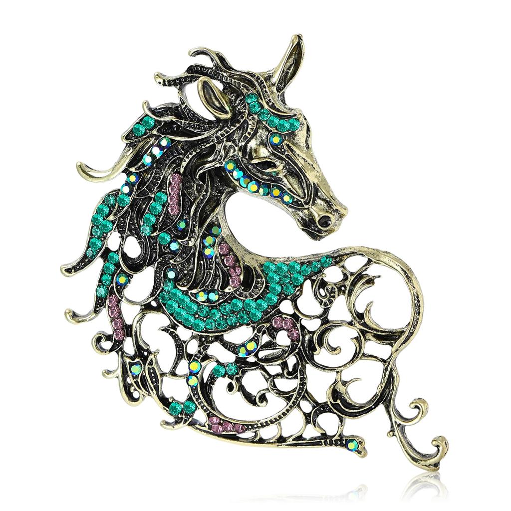 Vintage Rhinestone Horse Head Brooches for Women Zodiac Animal Pins Casual Party Accessories New Year Gifts Friends