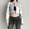 Womens Short PU Leather Jacket American Tech Style Slim Fit Stand Collar Zip Up Outerwear