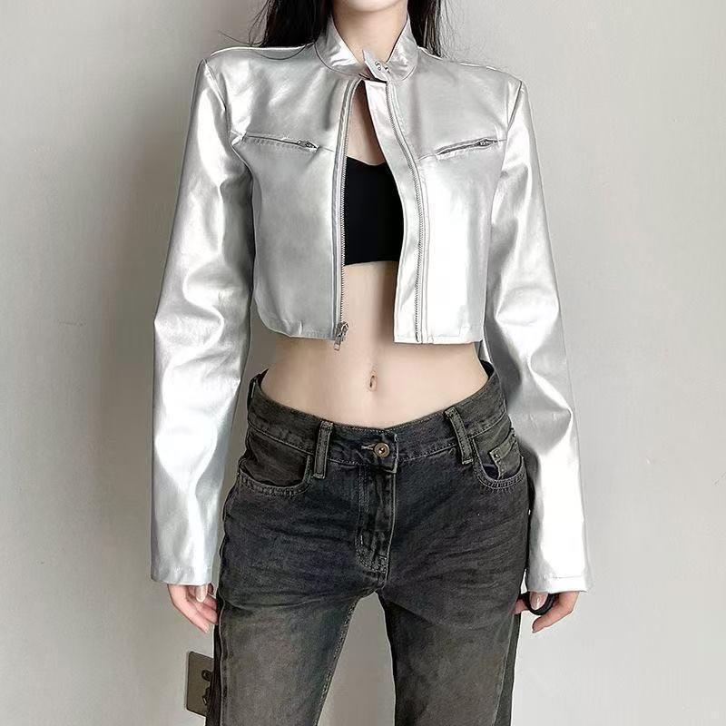Womens Short PU Leather Jacket American Tech Style Slim Fit Stand Collar Zip Up Outerwear