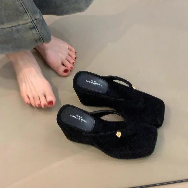 Fashion Summer New Brand Women Slipper Fashion High Wedge Heel Ladies Elegant Slides Square Toe Slip on Dress Flip Flop Zapatos Mujer
