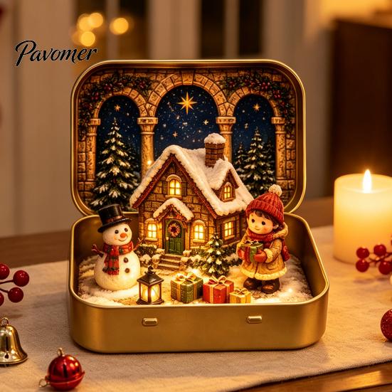 Christmas Mantel Decor Tiny Wonderland in a Tin, Mini Holiday Diorama Decor, Miniature Winter Decorative Metal Tin Scene with Santa, Tree, Gifts