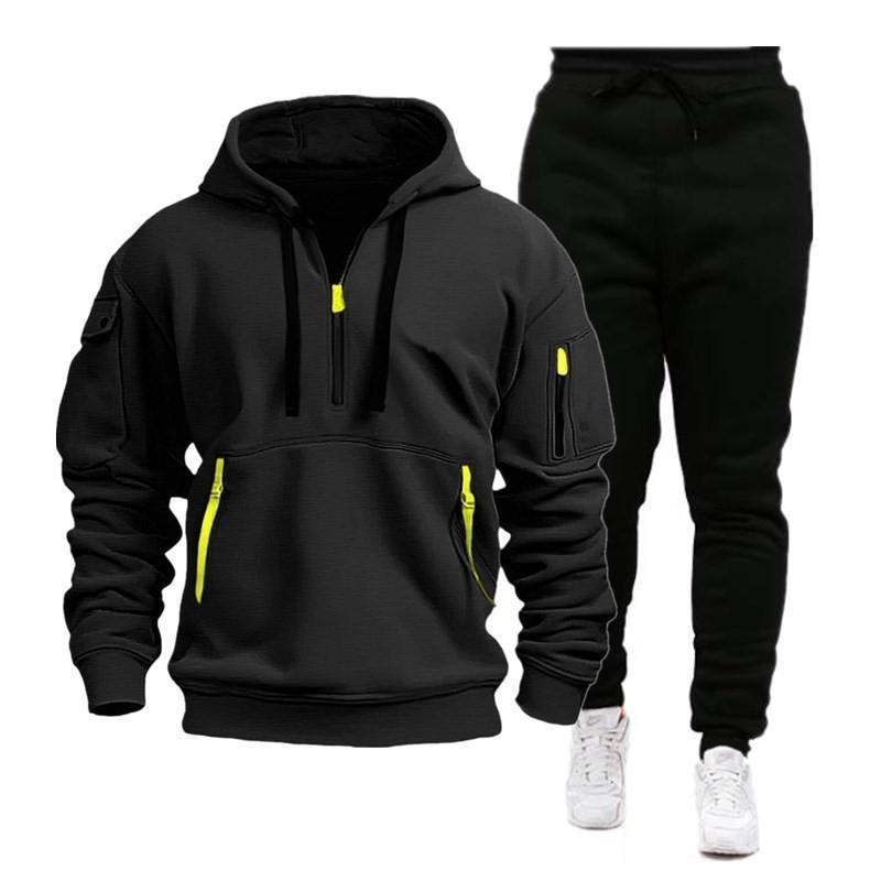 

Autumn And Winter Sports Sweater Suit Men s Multi-pocket Zipper Hoodie Sportswear Sweater Suit L чорний