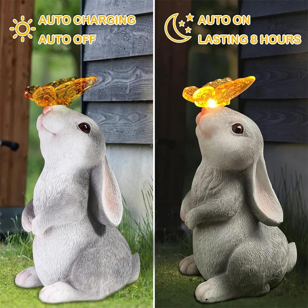 Solar Bunny Cat Statue Garden Decor LED Light Resin Animal Sculpture Figurine Outdoor Decoration for Courtyard