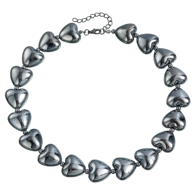 

Gunmetal Black Necklace with Dimensional Heart Bead Adjustable Length Choker Fashionable Clavicle Chain Party Accessory 1