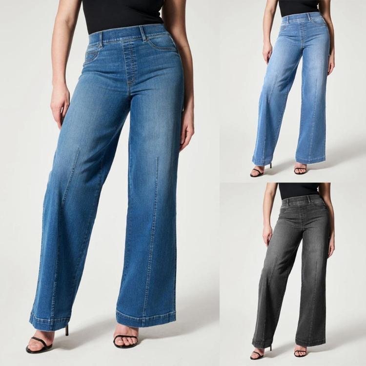 Women Stretch Denim Jeans High Waist Elastic Wide Leg Trousers Casual Long Pants Ladies