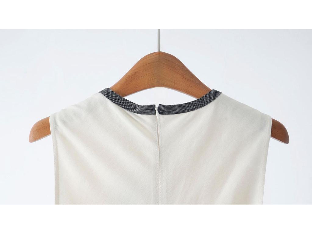 BC~26 Frühling/Sommer Perlenbesetztes Rundhals-Ärmelloses Französisch Elegantes Weste-Langes Kleid für Damen