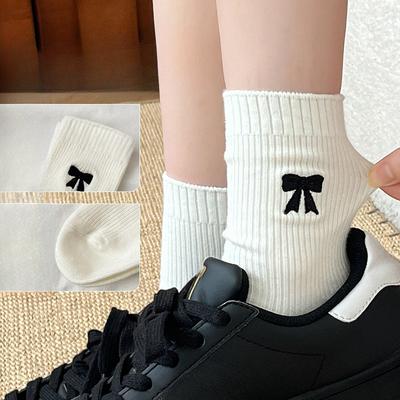 Socken mit Schleife für Damen, Baumwollsocken im Herbststil, Retro-Socken bis zur Wade, Unifarbene Damensocken, Frottee-Socken bis zur Wade