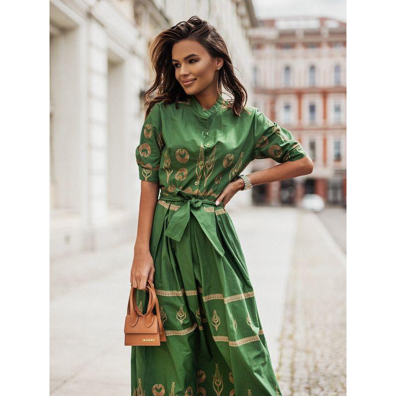 

Commuter Office Lady Style Stand Collar Single-Breasted Linen Dress Green L