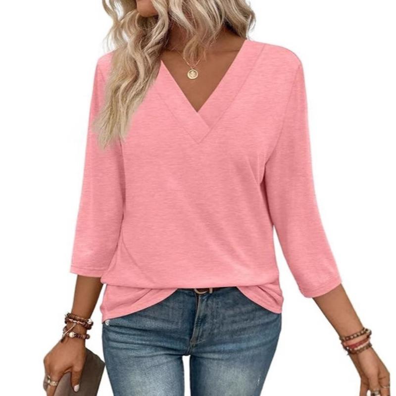 Damen V-Ausschnitt 7-Zoll Ärmel Oberteil für Frühling Lässige Damenbekleidung Taillenknoten Strick-T-Shirt