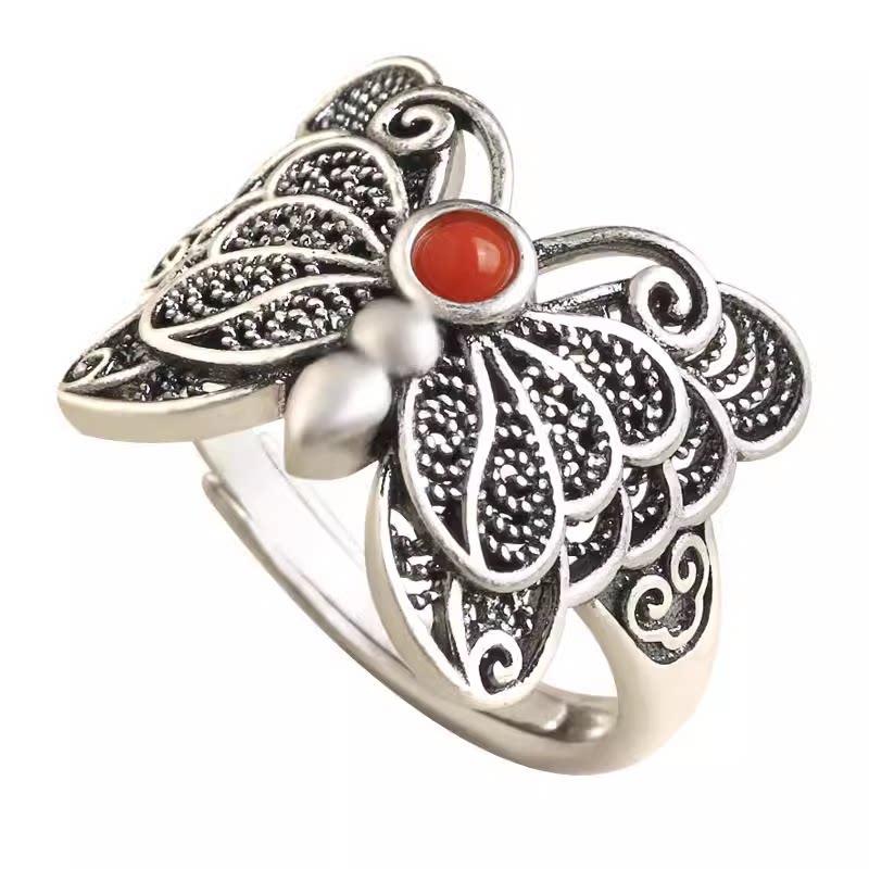 S925 sterling silver Nanhong butterfly ring retro style old Guochao cheongsam index finger ring women's fashion new adjustable