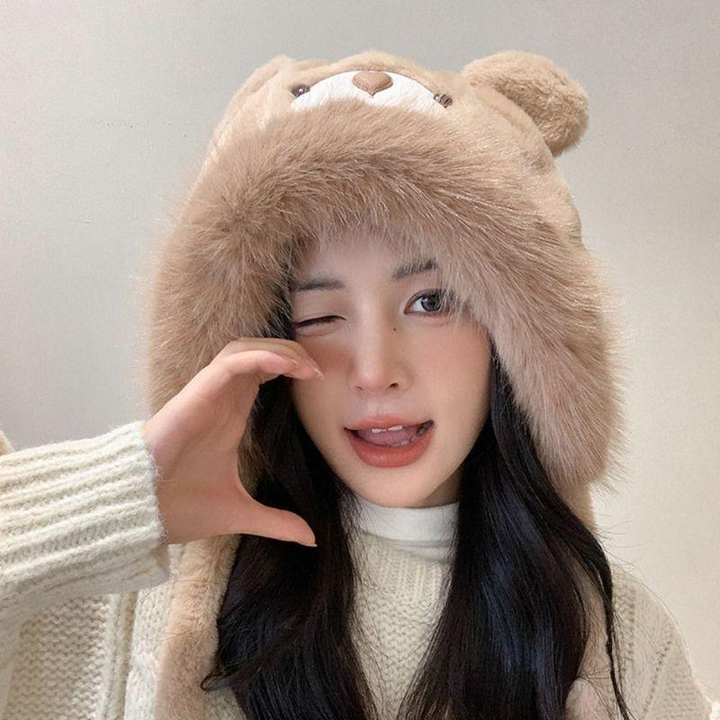 Fashion Cartoon Bear Ears Hat Windproof Ear Protection Winter Hat Solid Color Thick Warm Earflap Bonnet Hat