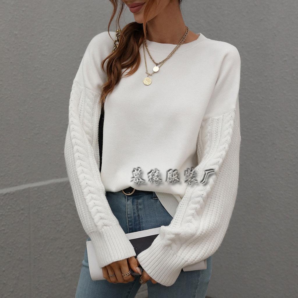 Pulover Tricotat Culoare Solidă European și American Toamnă și Iarnă Mânecă Lungă Ață Groasă Gât Rotund Top Pulover cu Romburi pentru Femei