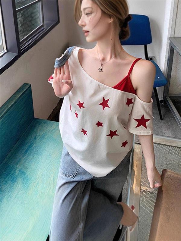 Korean Style Star Print One-Shoulder Camisole Patchwork T-Shirt - Women’s Loose Summer Top