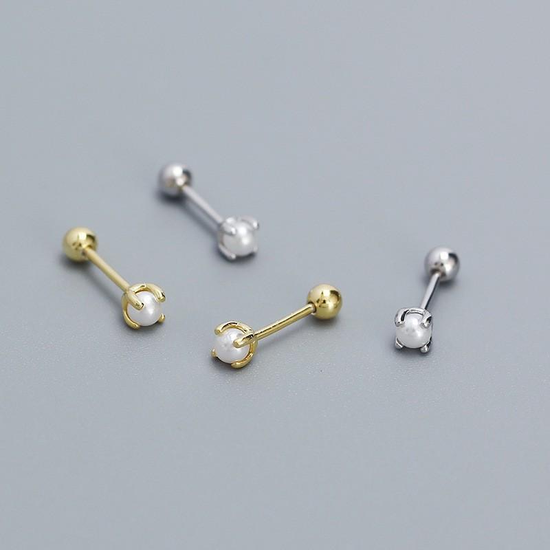 Minimalist Imitation Pearl Threaded Stud Earrings Women Geometric Tiny Layering Ear Piercing Jewelry In Sterling