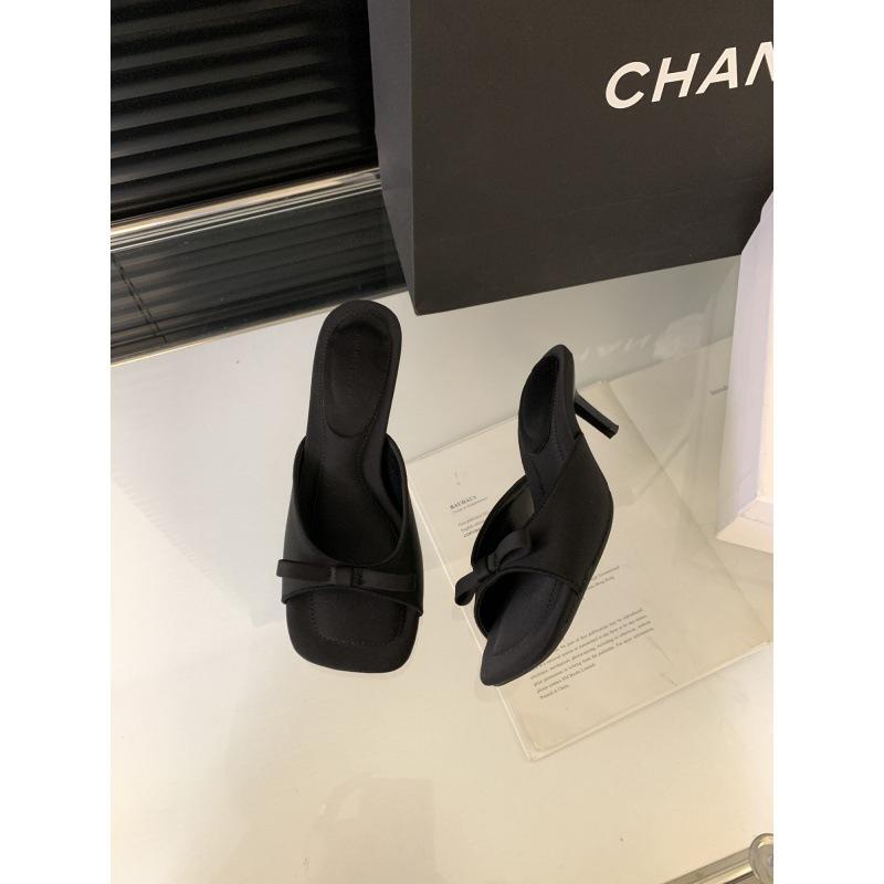 2025 Spring and Autumn New French High-end Bow Square Head Open Toe Thin Heel Cool Slippers Fairy Style Outside Wear