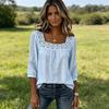 Verão Feminino - Cor Casual Gola Quadrada Renda Bordada Cropped Algodão Linho Manga Curta Top Para Mulheres