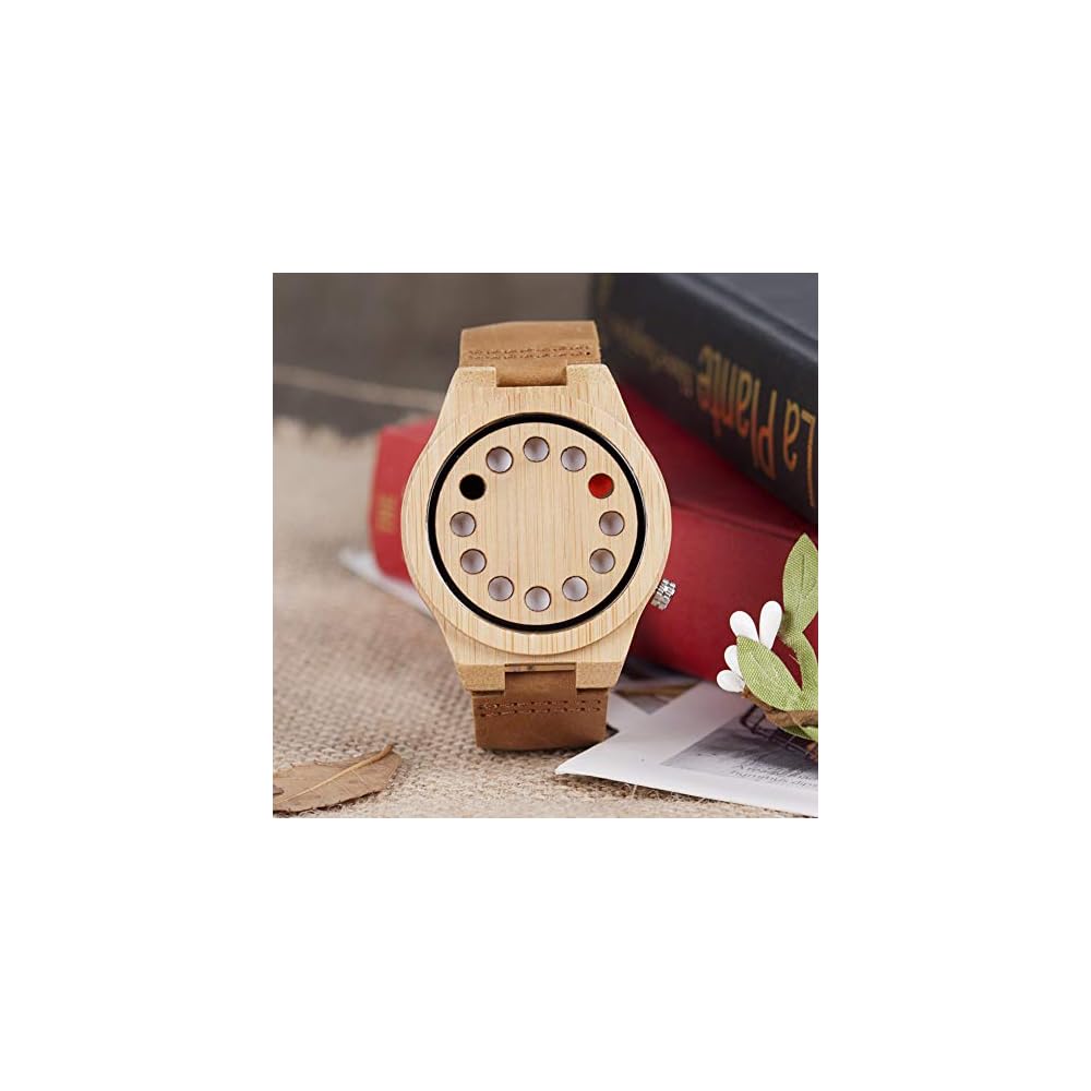 Bobo Bird Men's Bamboo Watch Black Leather Strap 12-Hole Timer Design Sports Casual Timepiece Brown Cat Eye Classic