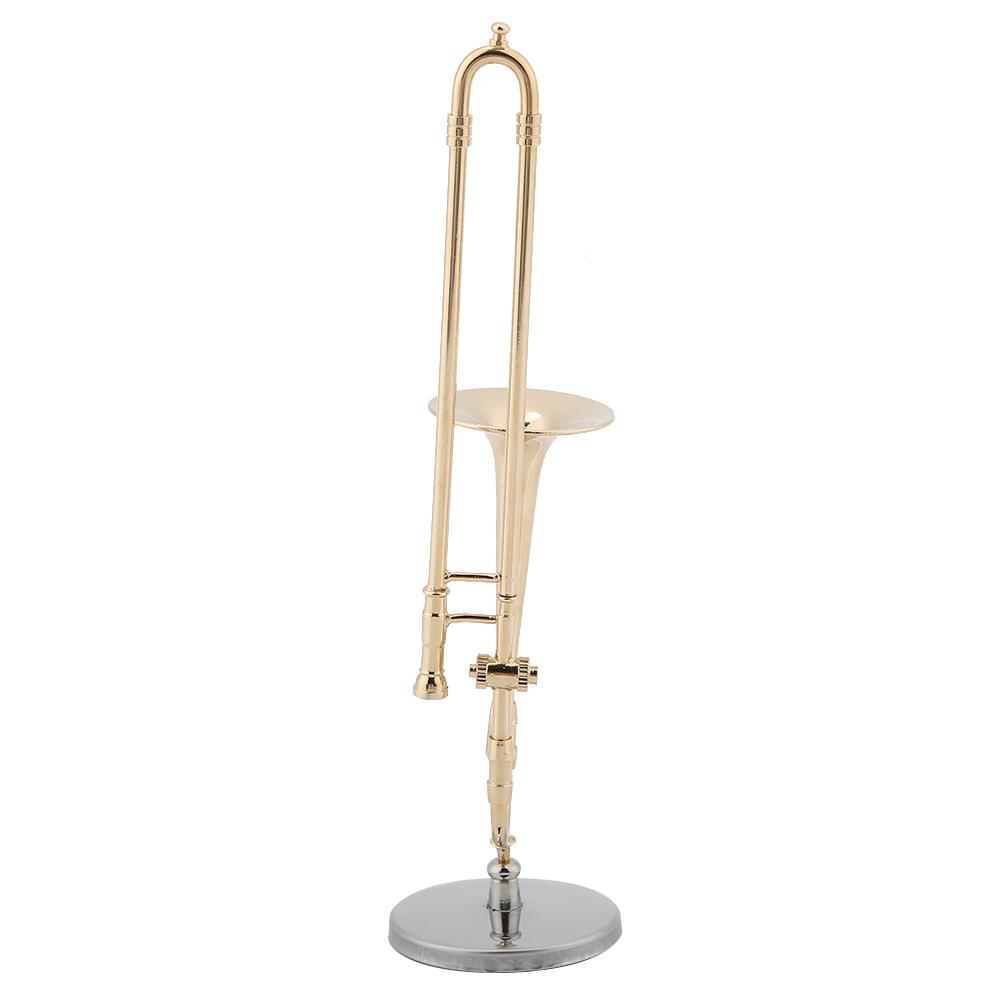Miniature Trombone Replica with Stand and Case Gold Plated Instrument Model Musical Ornaments