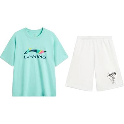 Li Ning Letter Logo Printed Fashion Skin-Friendly Versatile Round Neck Pullover Short Sleeve T-Shirt Casual Sports Set Unisex Tops AHSUC27-5+AKST593-7
