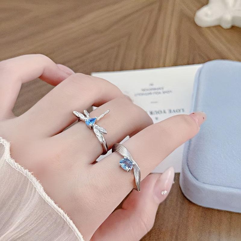 New Niche Light Luxury High Sense Sea Blue Zircon Super Fairy Open Ring Simple Fashion Jewelry Women