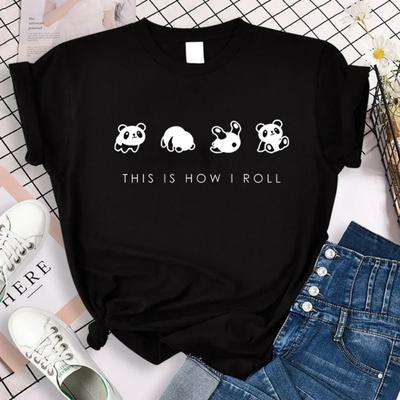 Cartoon Casual Creatief T-shirt Vintage Ronde Hals Kleding Grappig Schattig Panda Bedrukt T-shirt voor Dames Zomer Mouw
