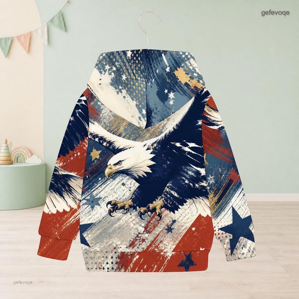 Girls Long Sleeve Hoodie Bald Eagle American Flag Printed Pullover