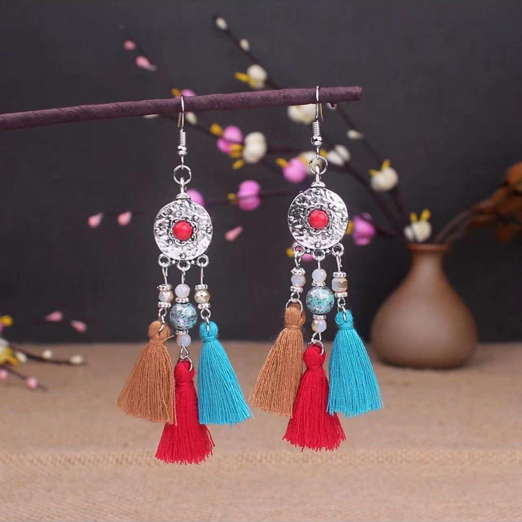Bohemian Turquoise Owl Dream Catcher Tassel Earrings for Women