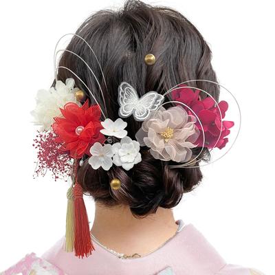 [Baramoly] Haarschmuck für Shichi-Go-San, Volljährigkeitszeremonie, Konservierte Blumen, Trockenblumen, Schmetterlinge, Künstliche Blumen, Perlen,