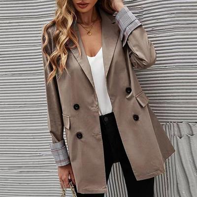 Damen Anzugmantel Revers Langarm Gestreifte Manschetten Anzugjacke mit Pattentaschen Einfarbig Lockere Passform Zweireihig Business Oberbekleidung