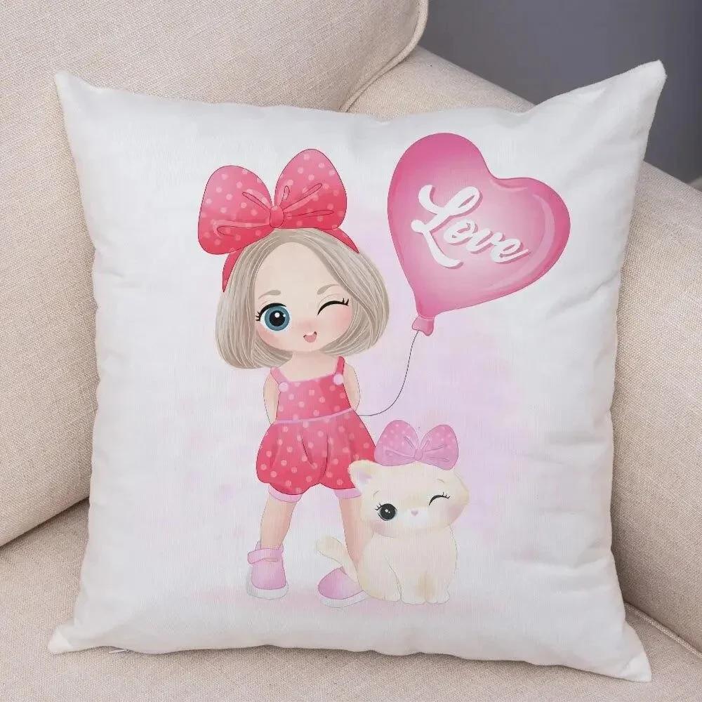 Cute Girl and Cat Pillowcase Decor Cartooncute Children Cushion Cover for Sofa Home Super Soft Peach Skin Pillow Case 45x45cm