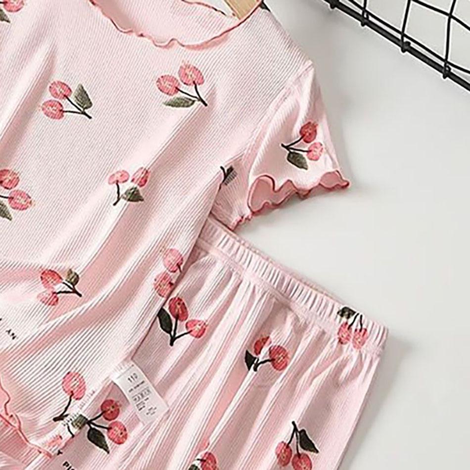 Girls Summer Pajama Set Cherry Blossom Print 4-Way Stretch Shorts & Tee Breathable Modal Blend for Bedtime and Playtime for 1-8Y