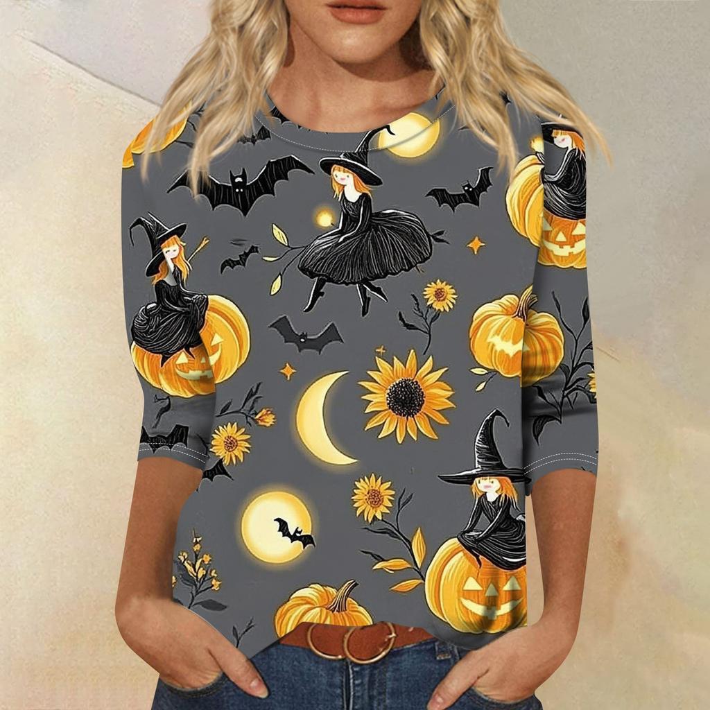 Women's Fashion Casual Three-quarter Sleeve Halloween Printed Round Neck Top
