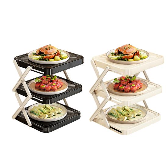 Plate Storage Rack Three-Tier Foldable Kitchen Organizer with Open Access Design Space-Saving Collapsible Food Display Rack for Parties And Buffets